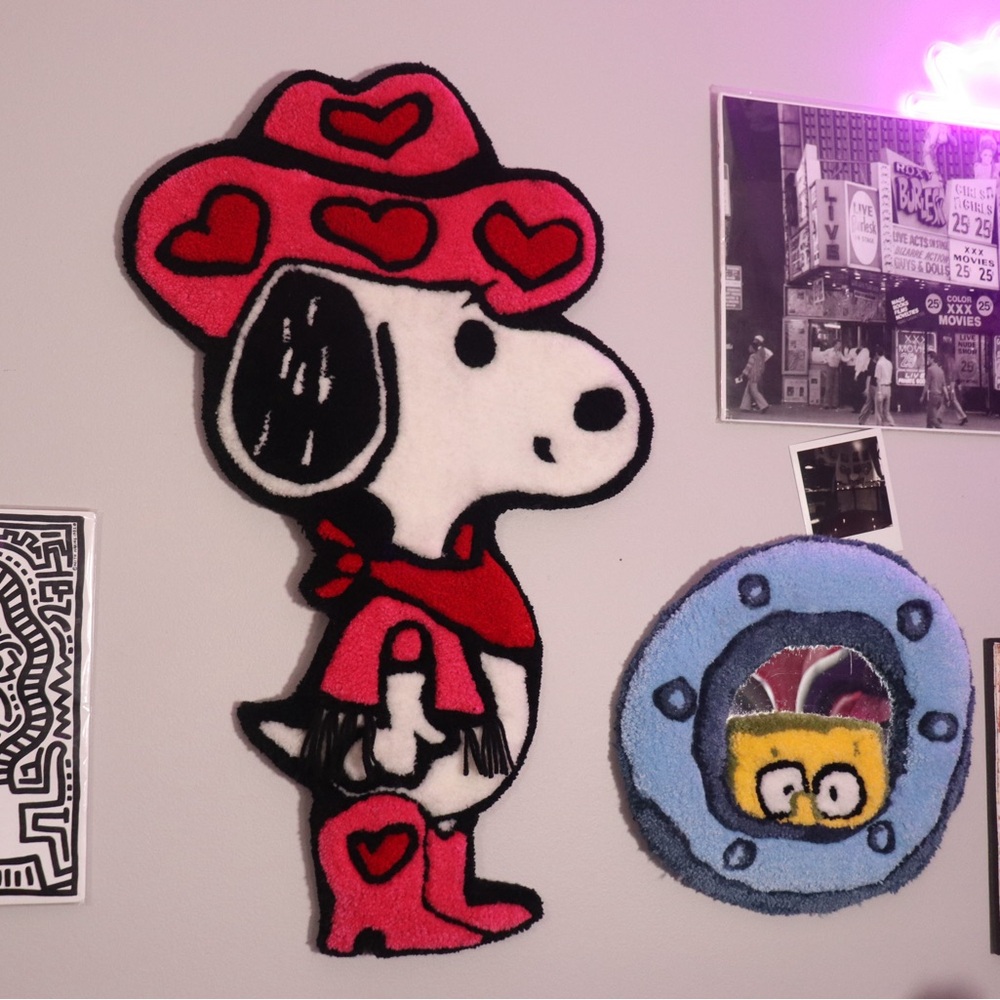 Peanuts Snoopy Heart Cowboy Wall Rug- Red, White, Black, Pink